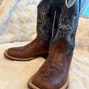 OLD WEST YOUTH DARK BROWN AND BLUE WIDE SQUARE TOE COWBOY BOOT